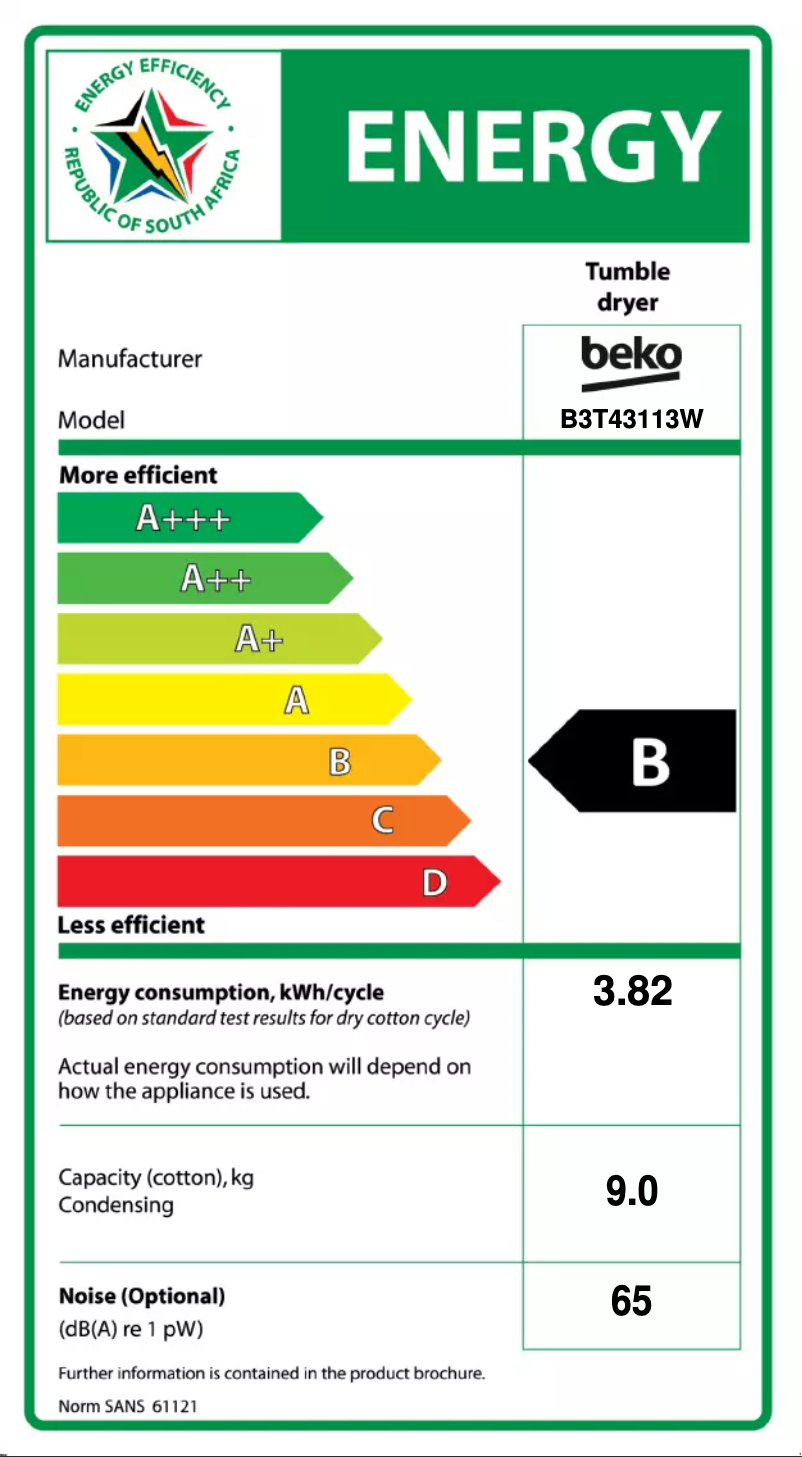Page 1 de la notice Label énergétique Beko B3T43113W
