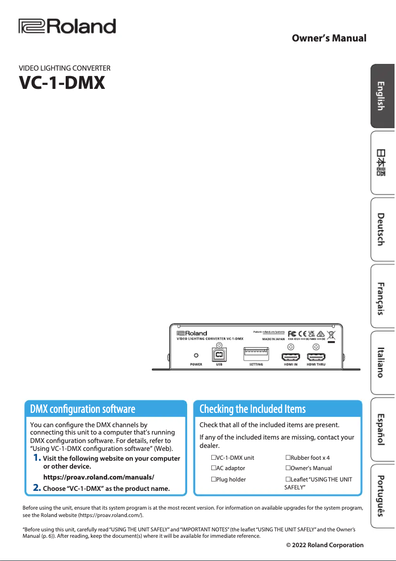 Image de la première page du manuel de l'appareil VC-1-DMX