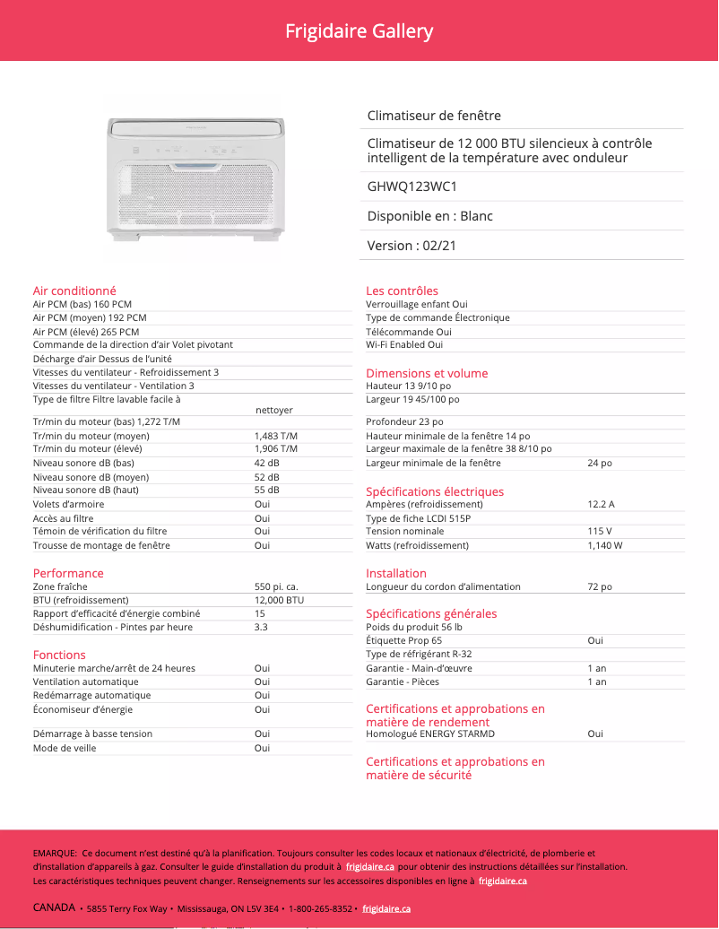 Page 1 de la notice Fiche technique Frigidaire GHWQ123WC1