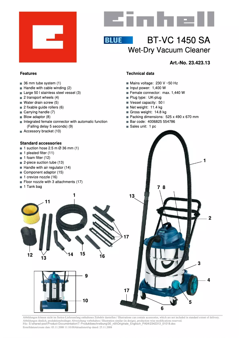 Page n°1 - Manuel utilisateur Einhell BT-VC 1450 SA