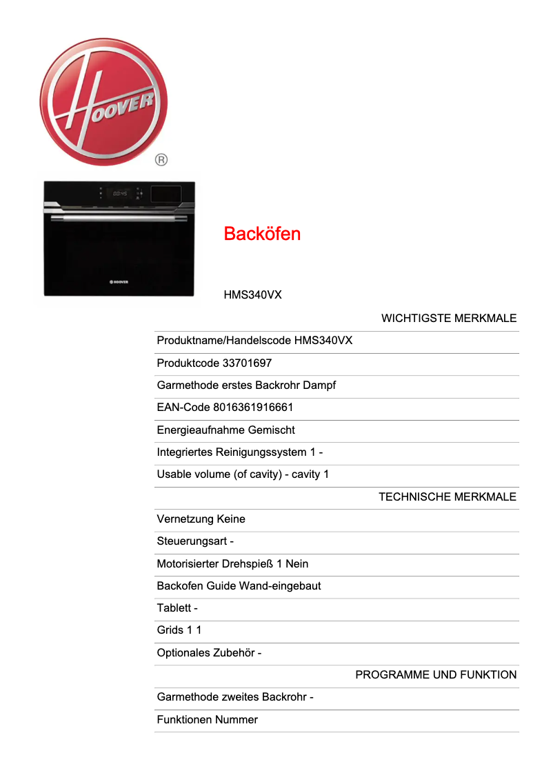 Page n°1 - Fiche technique Hoover HMG441 EX
