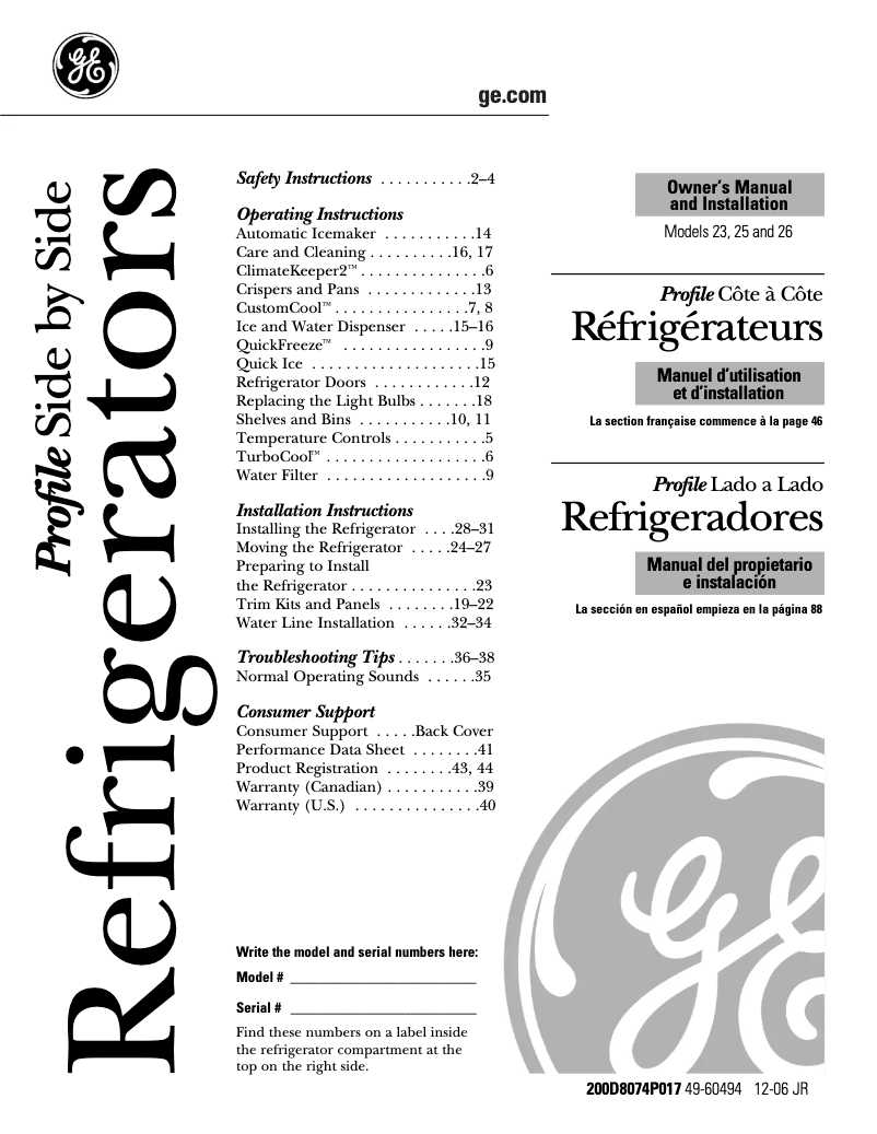 Imagen de la primera página del manual del dispositivo Profile PCF23RGWWW