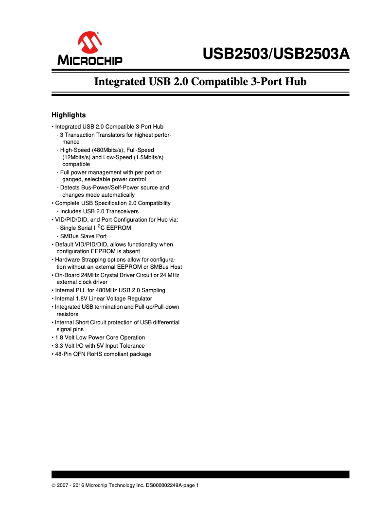 Página 1 del manual Ficha técnica Microchip USB2503A