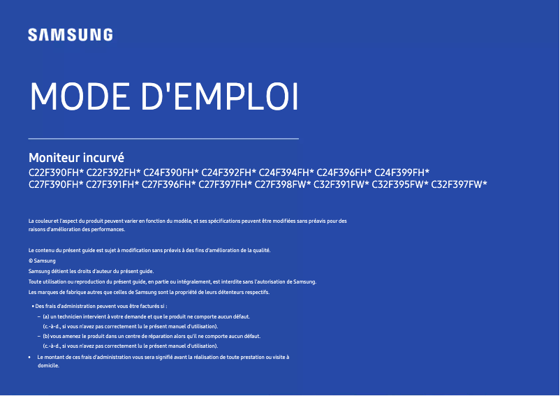 Page 1 de la notice Manuel utilisateur Samsung C27F390FHE