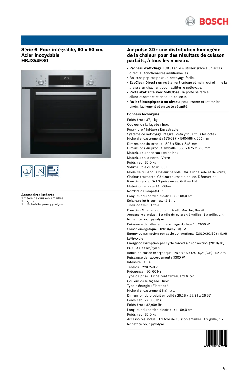 Page 1 de la notice Fiche technique Bosch HBJ354ES0