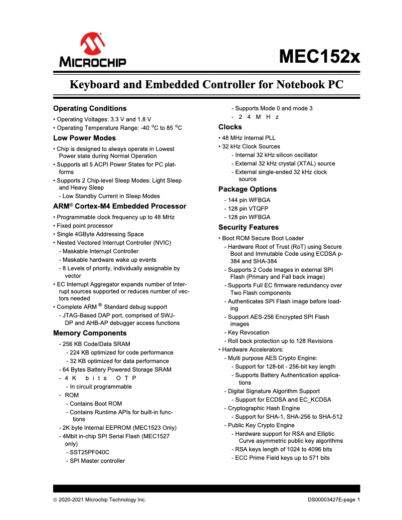 Page 1 de la notice Fiche technique Microchip MEC1521