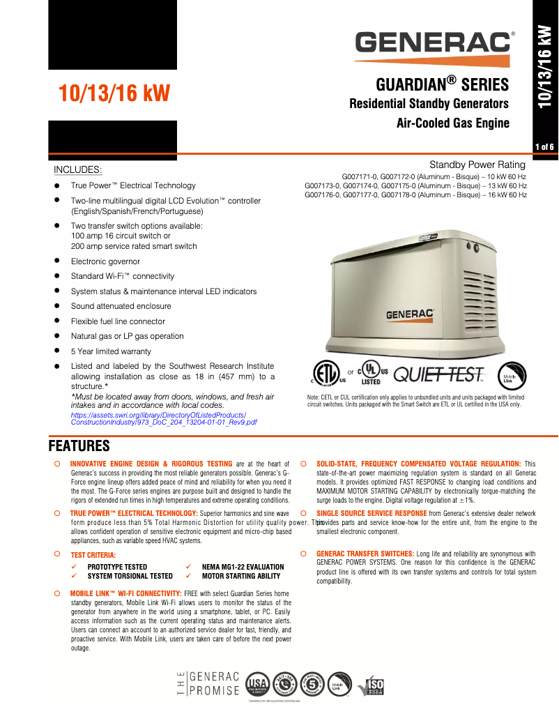 Page n°1 - Fiche technique Generac Guardian 16KW