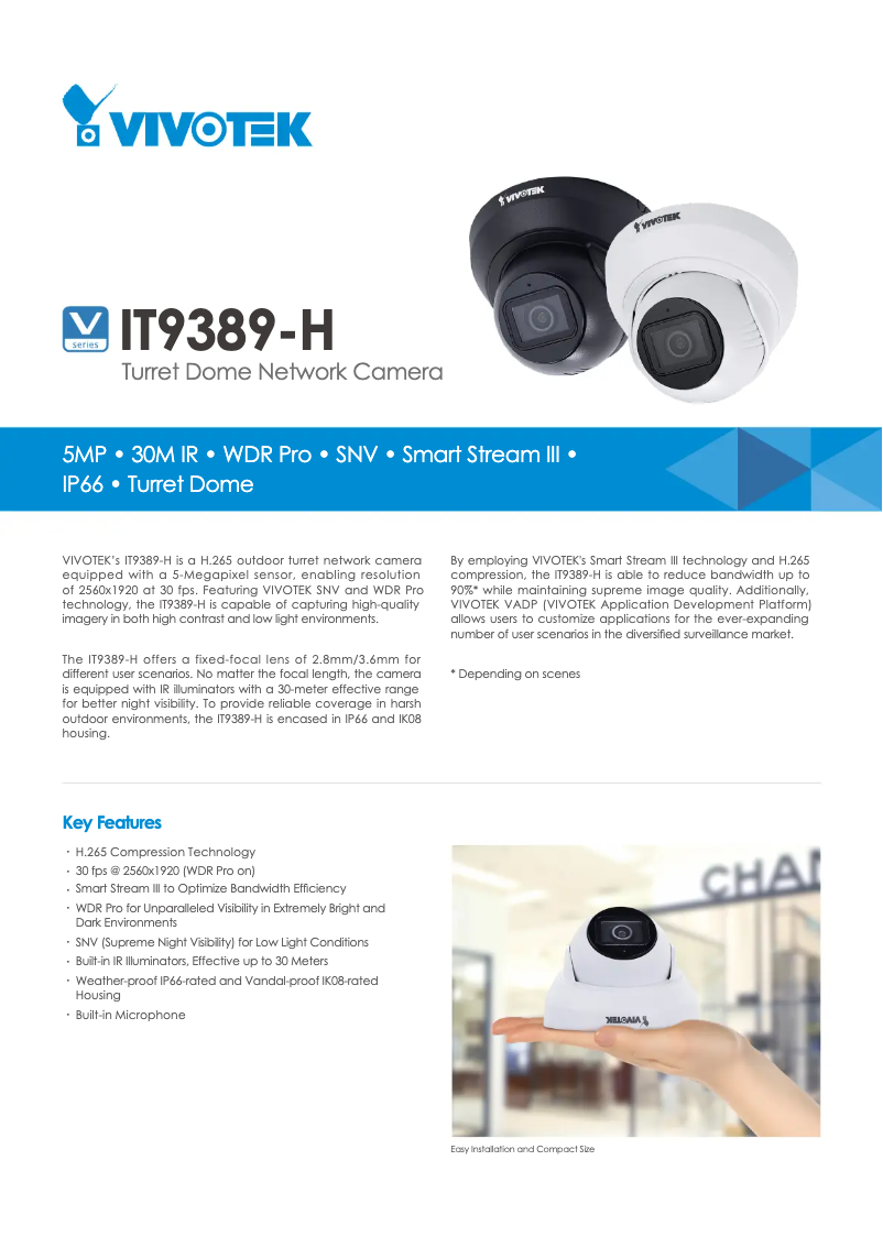 Page 1 de la notice Fiche technique Vivotek Turret Dome IT9389-H
