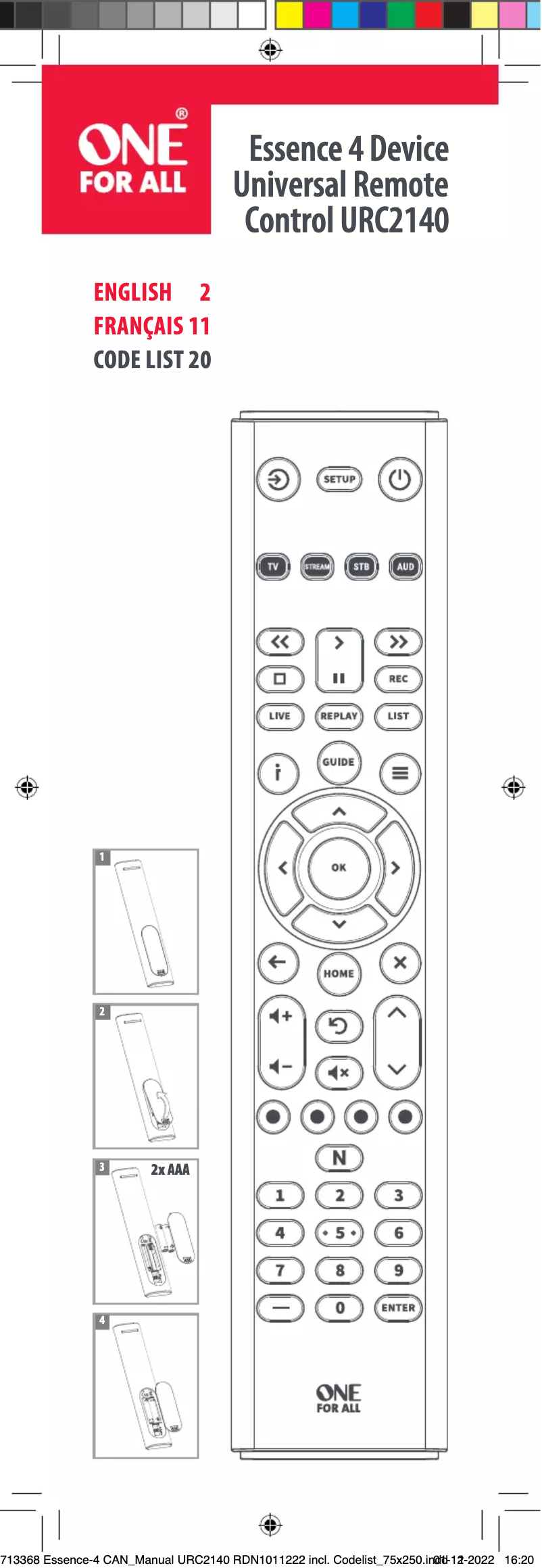 Page n°1 - Manuel utilisateur One for all URC 2140