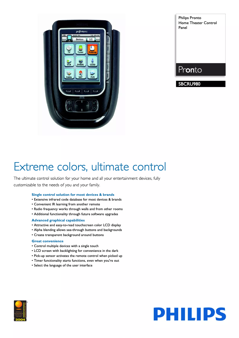 Page 1 de la notice Fiche technique Philips SBCRU980