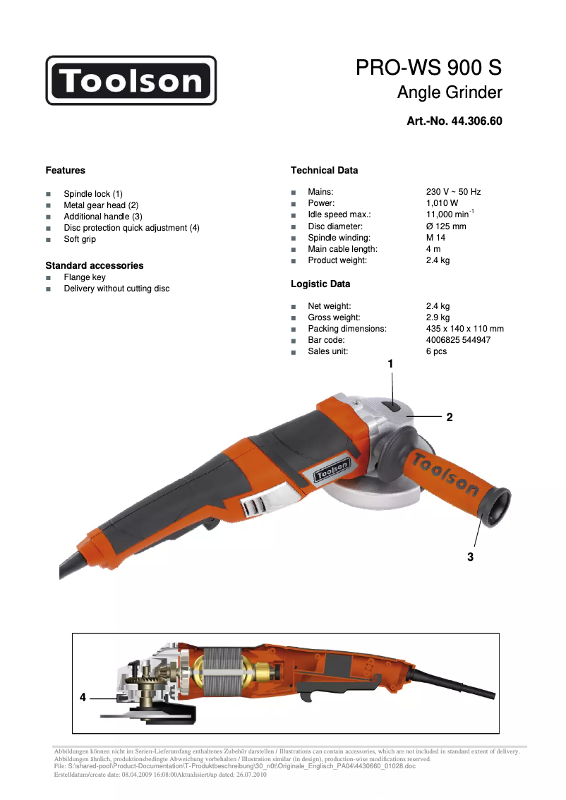 Page n°1 - Fiche technique Toolson PRO-WS 900 S