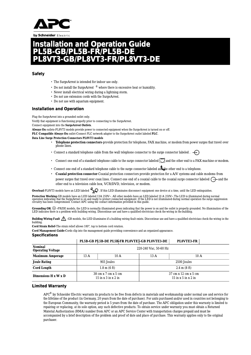 Page 1 de la notice Manuel utilisateur APC PL5B-FR
