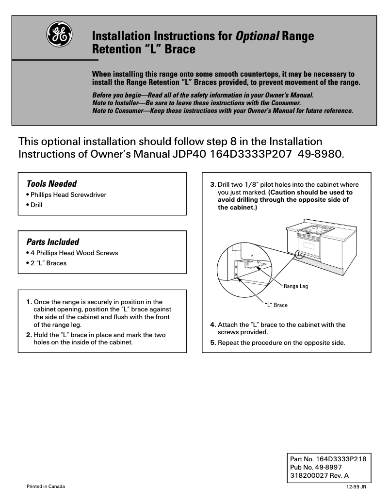 Page 1 of the manual Installation Guide GE Profile JDP40BBBB