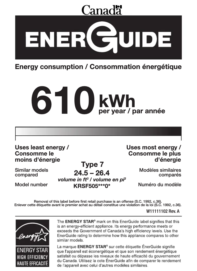 Page 1 de la notice Label énergétique KitchenAid KRSF505EWH