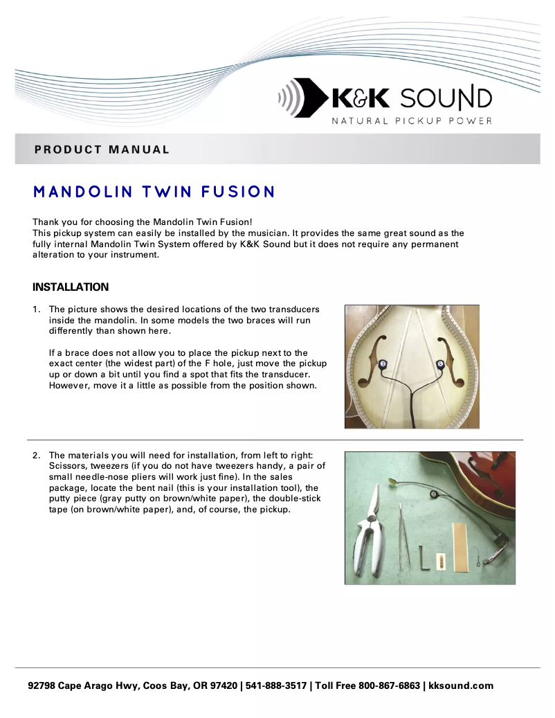 Page n°1 - Manuel utilisateur K&K Sound Mandolin Twin Fusion