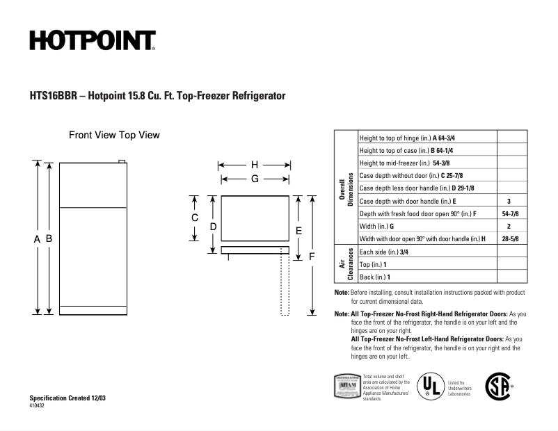 Page n°1 - Fiche technique Hotpoint HTS16BBRLCC