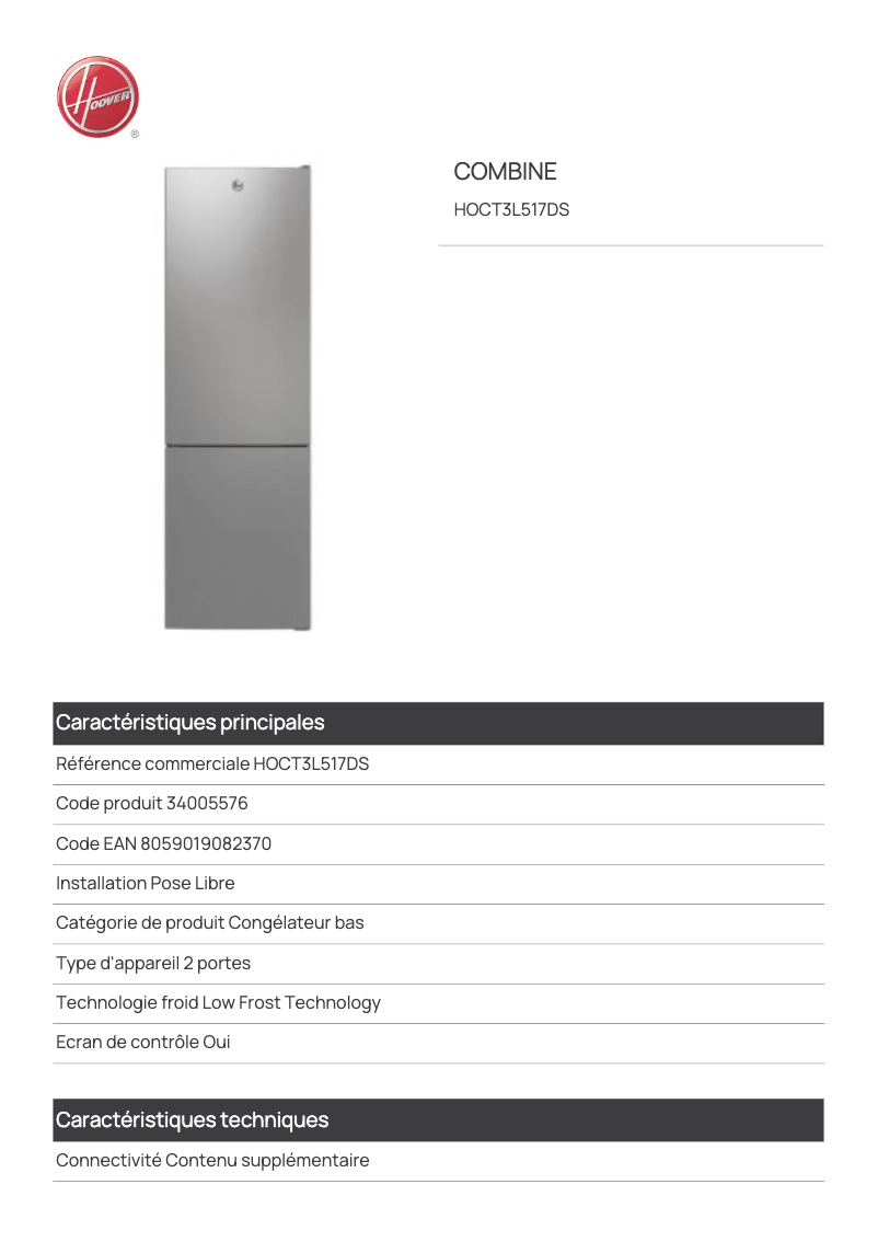 Page n°1 - Fiche technique Hoover HOCT3L517DS