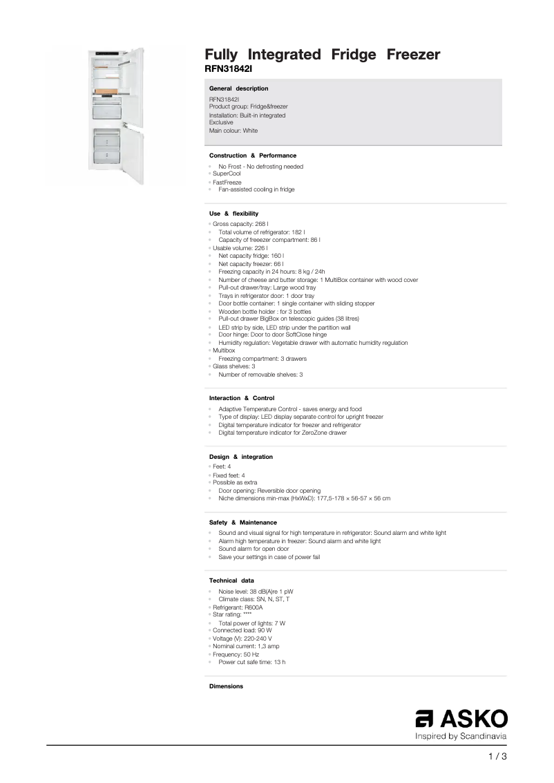 Page n°1 - Fiche technique Asko RFN31842I