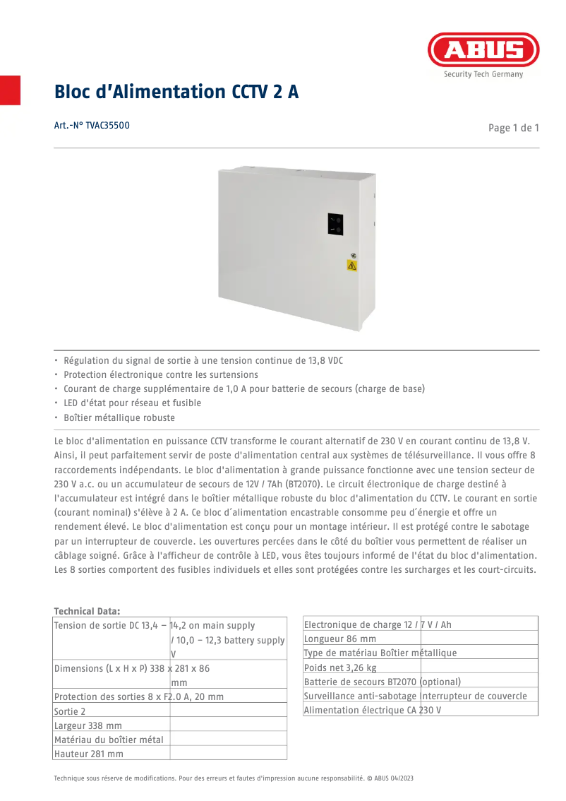 Page n°1 - Fiche technique Abus TVAC35500