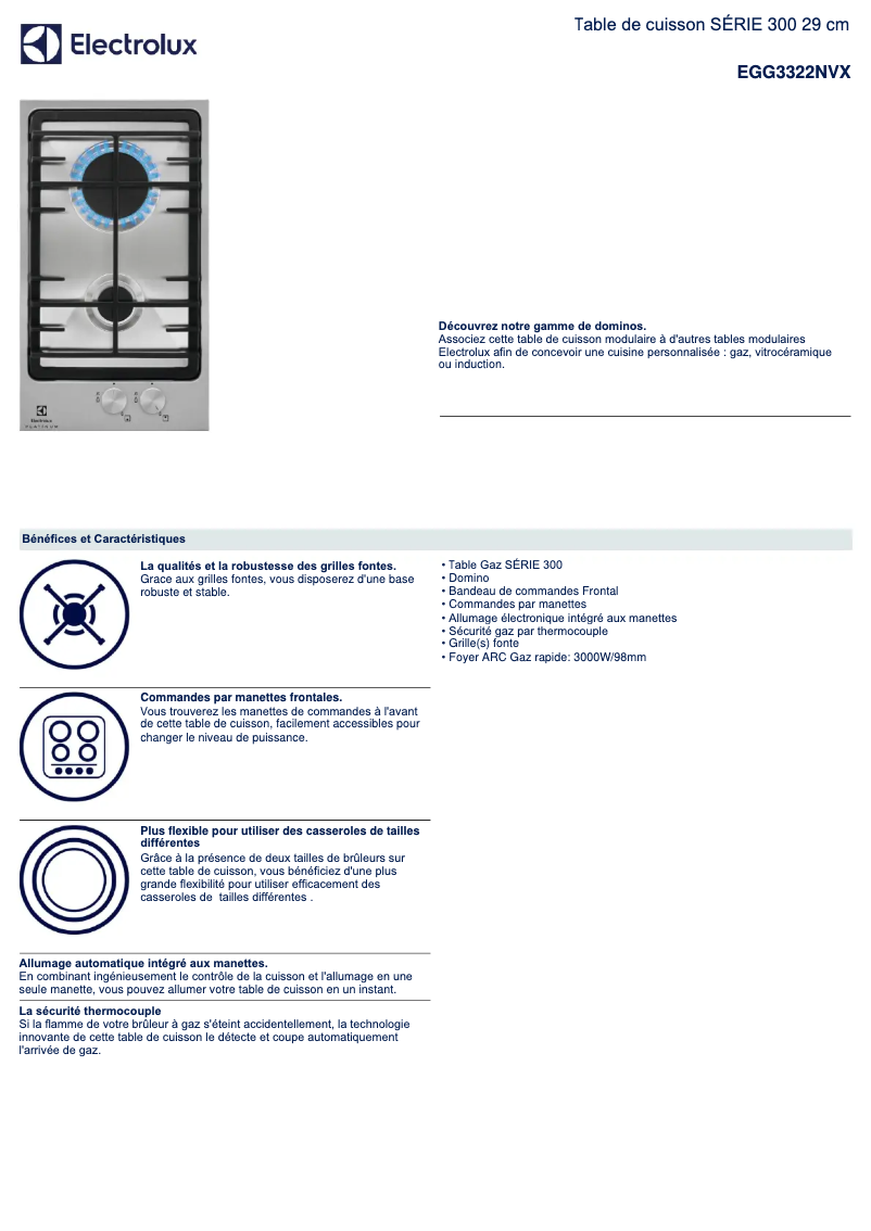 Page 1 de la notice Fiche technique Electrolux EGG3322NVX