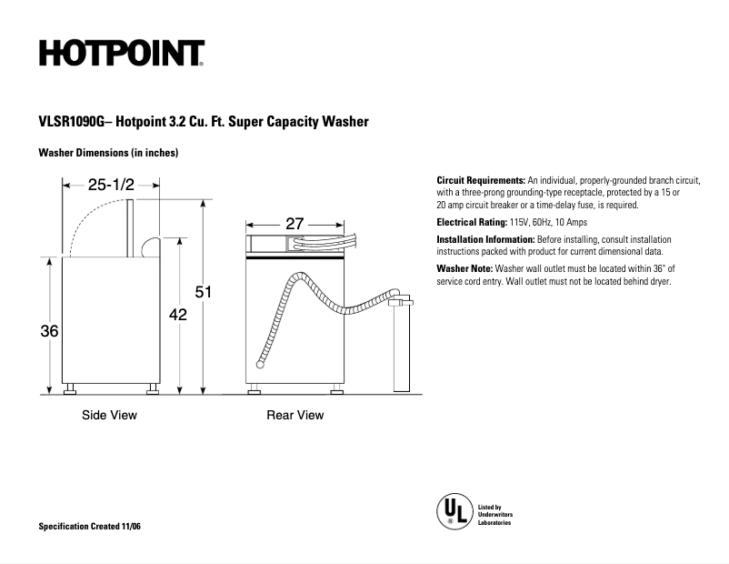 Page 1 de la notice Fiche technique Hotpoint VLSR1090GWW