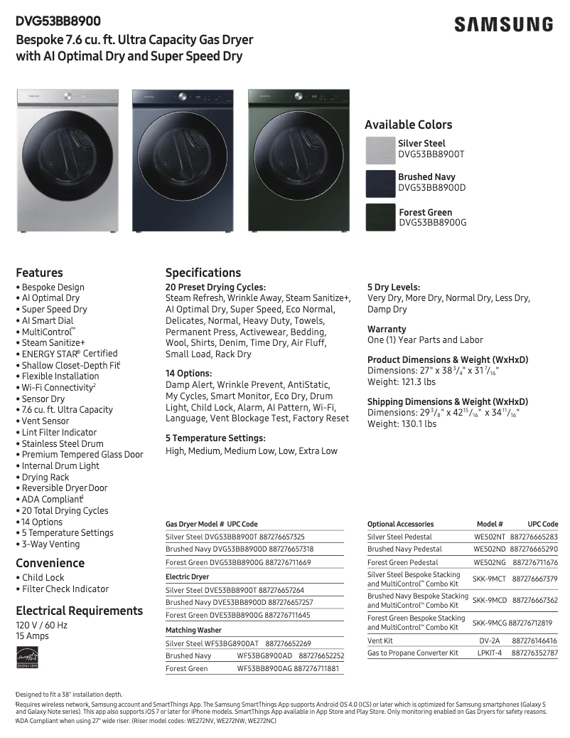 Page 1 de la notice Fiche technique Samsung DVG53BB8900T