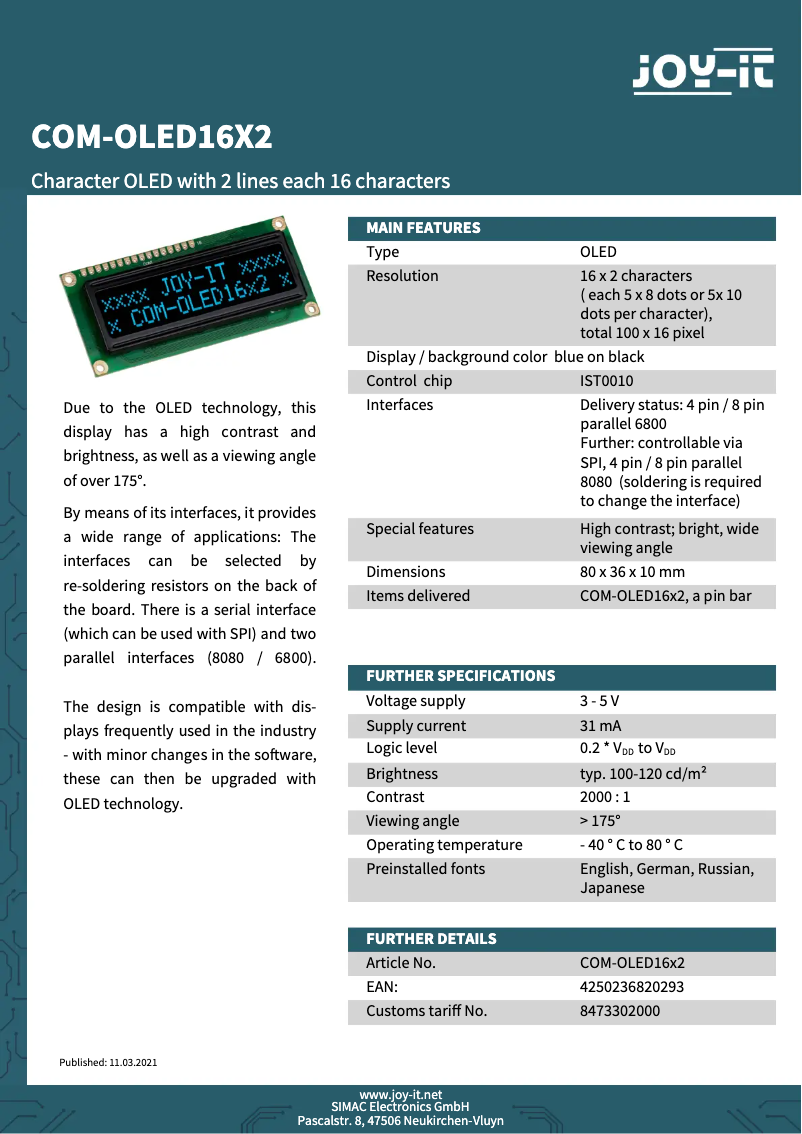 Image de la première page du manuel de l'appareil COM-OLED16x2