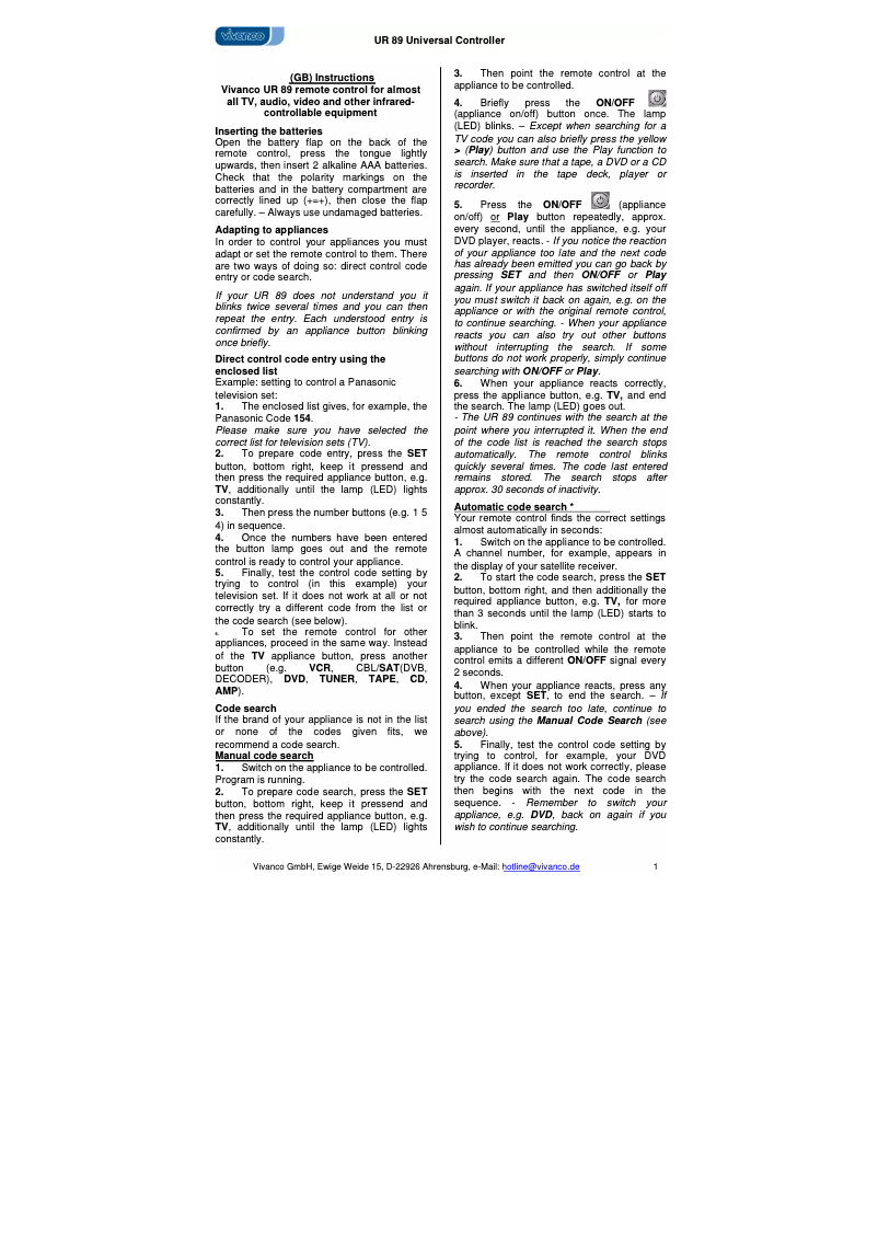 Page 1 de la notice Manuel utilisateur Vivanco RC-21966