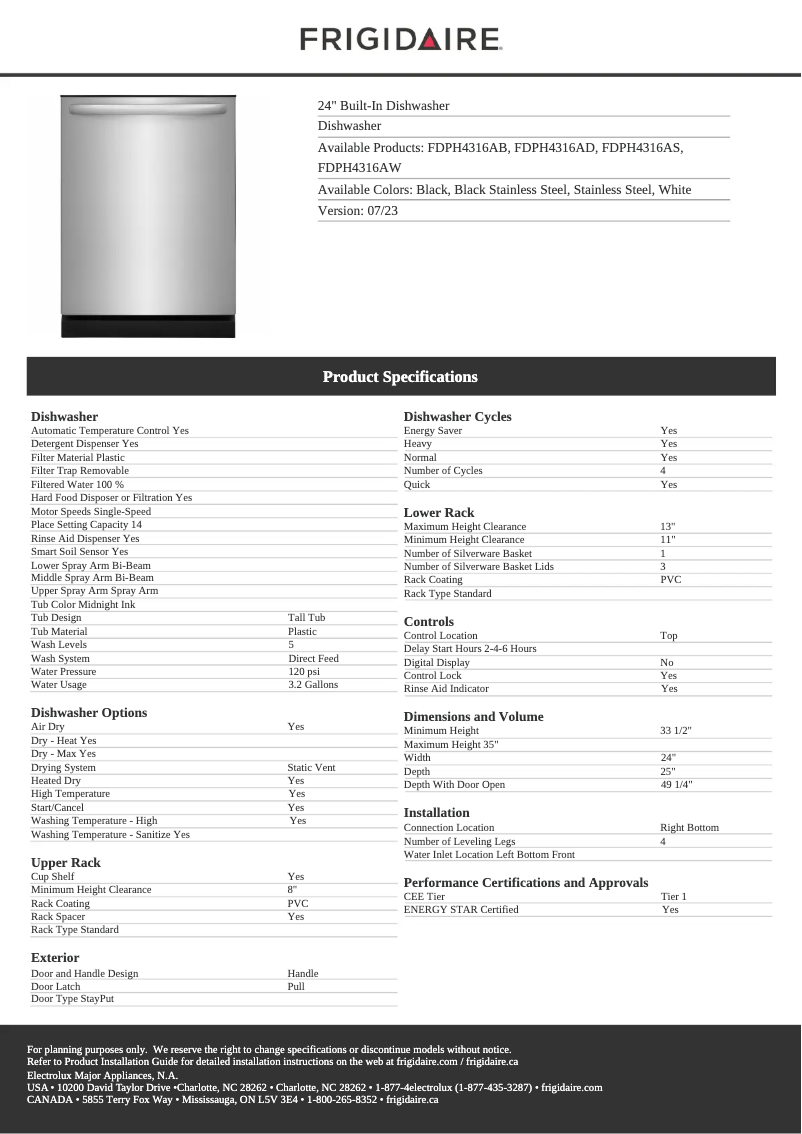 Página 1 del manual Ficha técnica Frigidaire FDPH4316AB