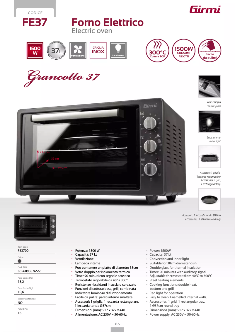 Page 1 de la notice Fiche technique Girmi FE37