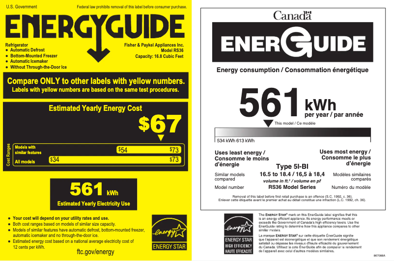 Page 1 de la notice Label énergétique Fisher & Paykel RS36W80RJ1N