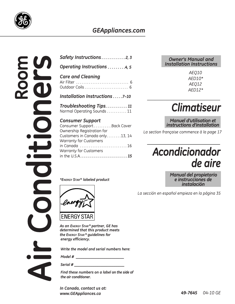 Page 1 de la notice Manuel d'utilisation et d'entretien GE AEQ12AM