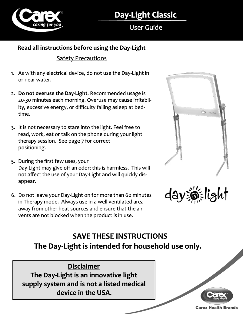 Page 1 de la notice Manuel utilisateur Carex Day-Light Classic