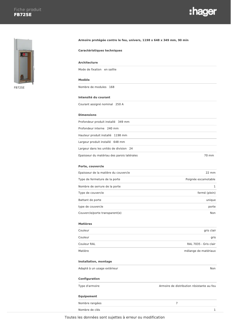 Page n°1 - Fiche technique Hager FB72SE