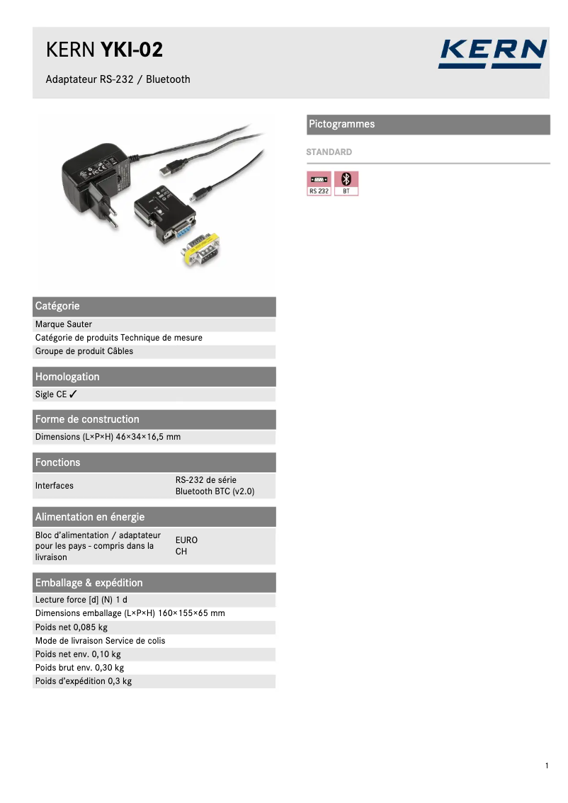 Page 1 de la notice Fiche technique Kern YKI-02