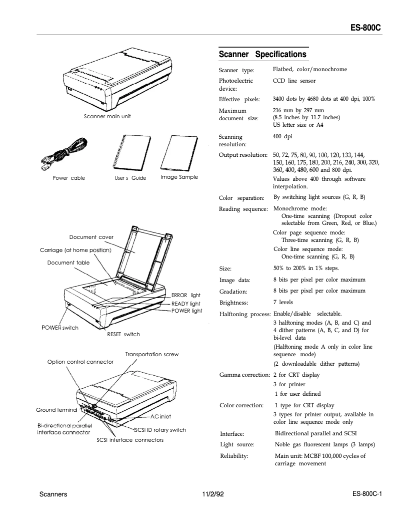 Page 1 de la notice Fiche technique Epson ES-800C