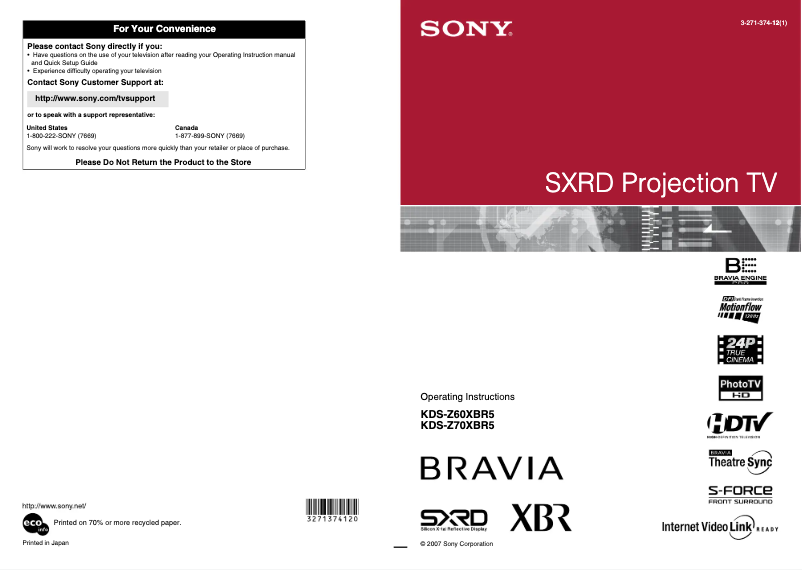 Page 1 de la notice Manuel utilisateur Sony Bravia KDS-Z60XBR5