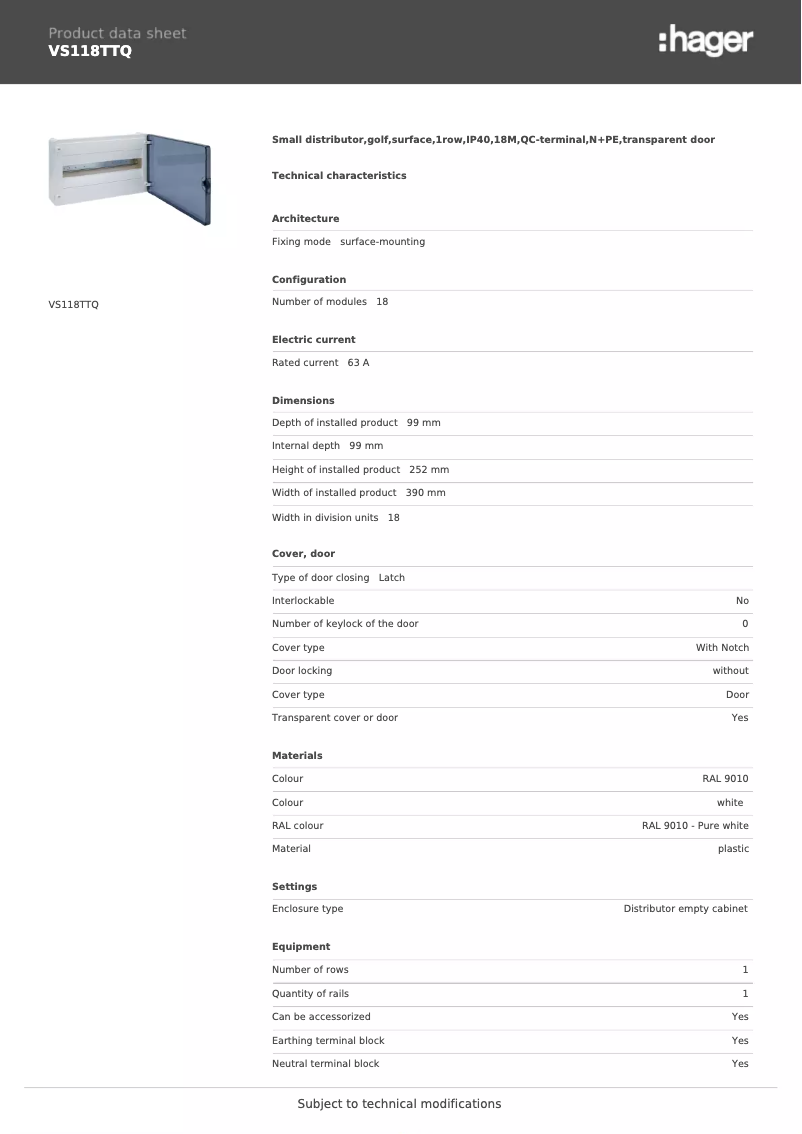 Page n°1 - Fiche technique Hager VS118TTQ