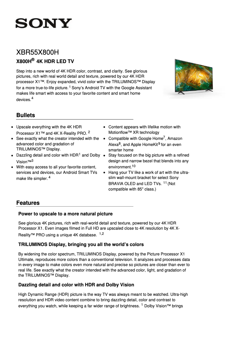 Page 1 de la notice Fiche technique Sony XBR55X800H