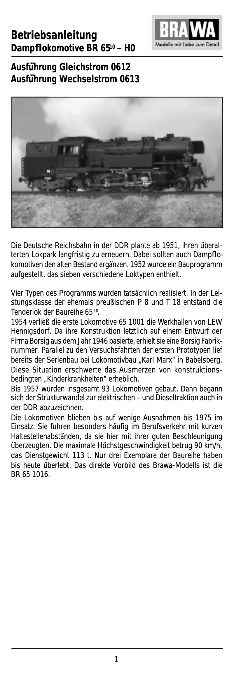 Page n°1 - Manuel utilisateur Brawa 0613 BR 65 (HO)
