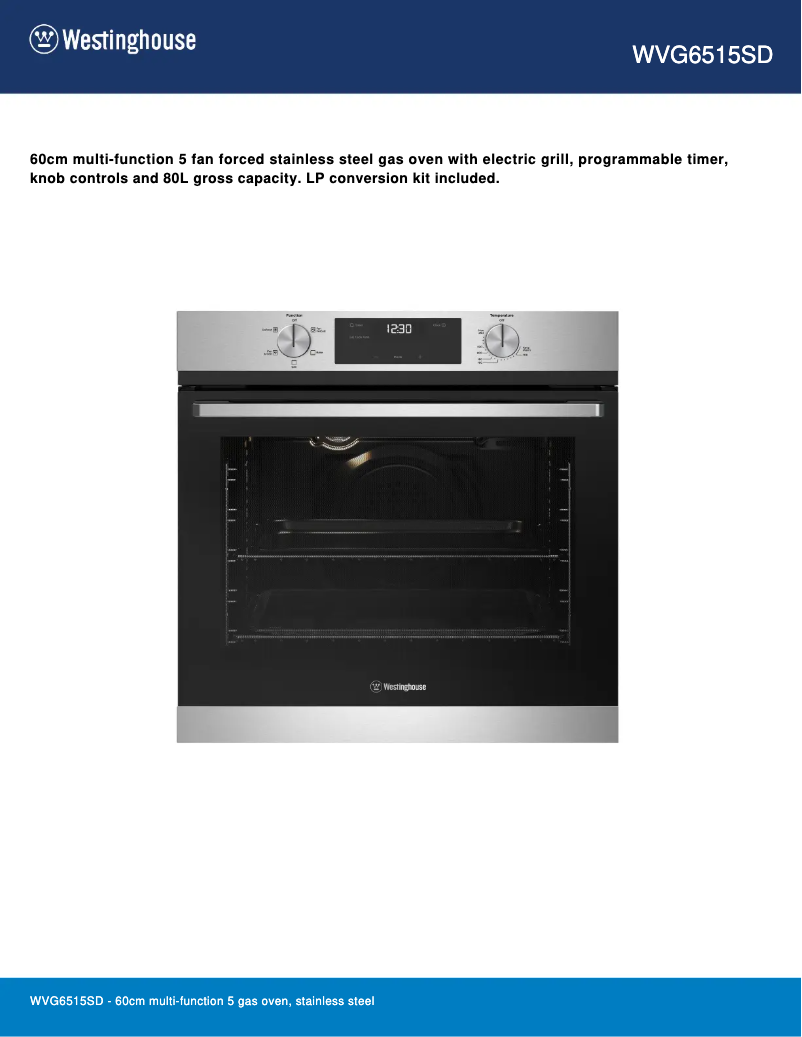 Page n°1 - Fiche technique Westinghouse WVG6515SD