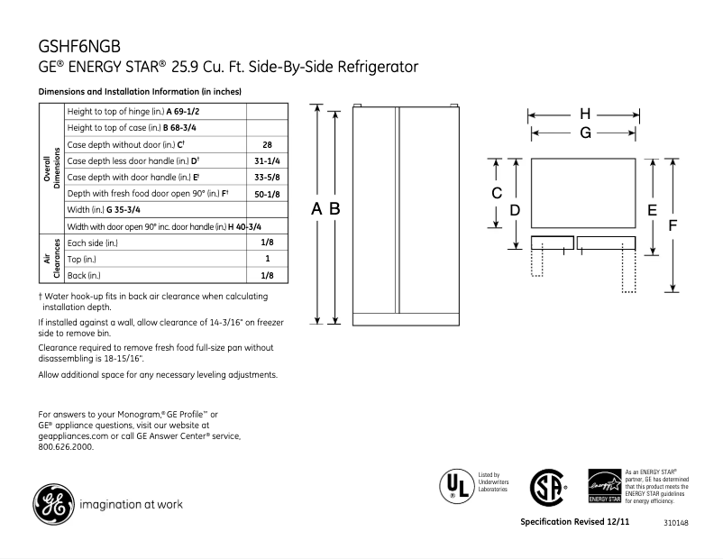 Página 1 del manual Ficha técnica GE GSHF6NGBWW