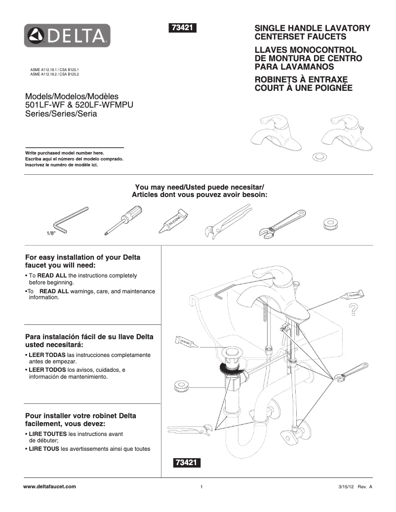 Page 1 de la notice Manuel utilisateur Delta 520LF-WFMPU