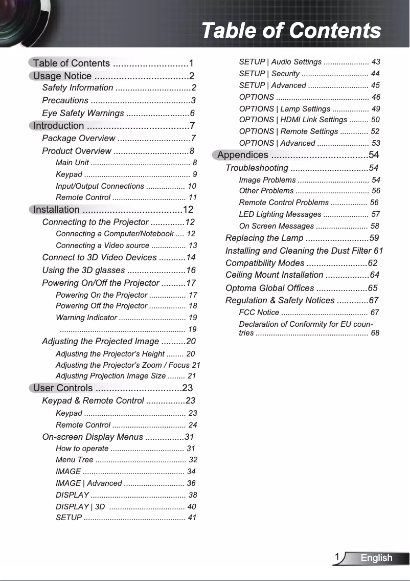 Page 1 de la notice Manuel utilisateur Optoma HD141X