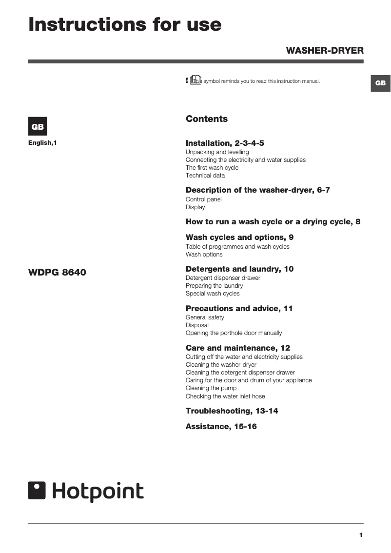 Page 1 de la notice Manuel utilisateur Hotpoint WDPG 8640P UK