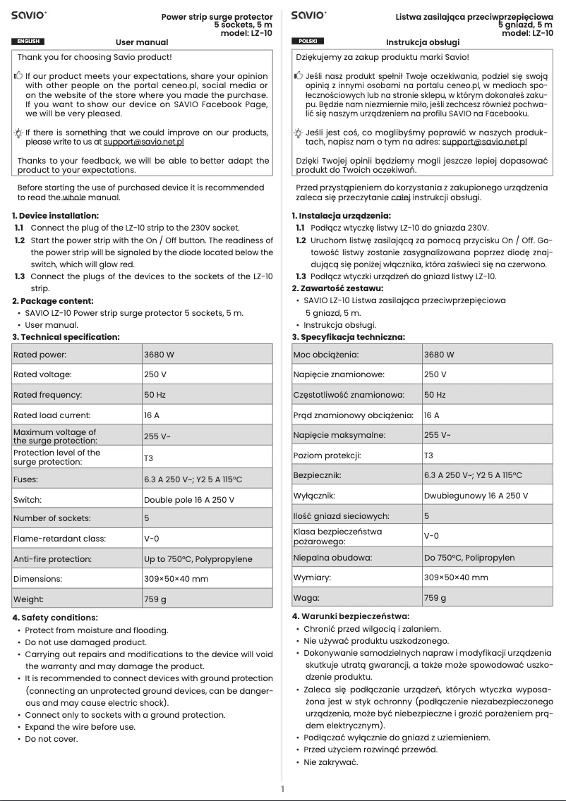 Page 1 de la notice Manuel utilisateur Savio LZ-10
