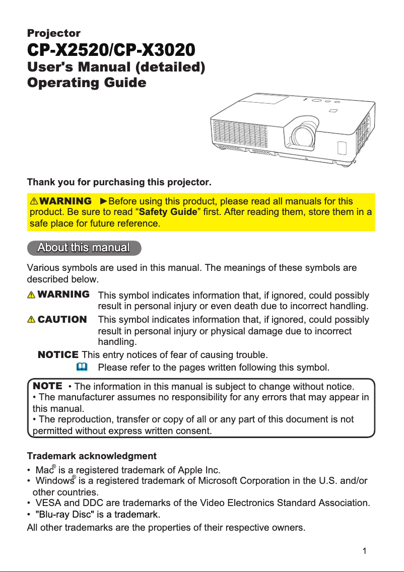 Page 1 de la notice Manuel utilisateur Hitachi CP-X3020