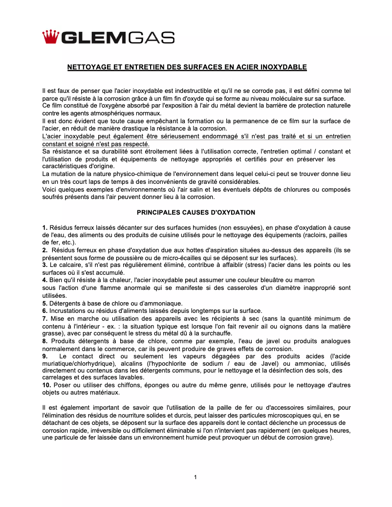 Page 1 de la notice Catalogue Glem Gas UN9612WI
