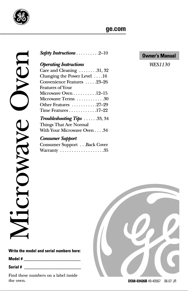 Page n°1 - Manuel utilisateur GE WES1130DMBB