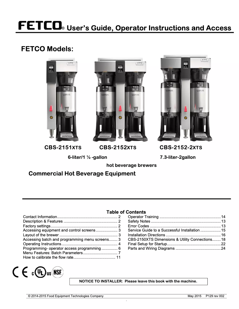 Page 1 de la notice Manuel utilisateur Fetco CBS-2152XTS